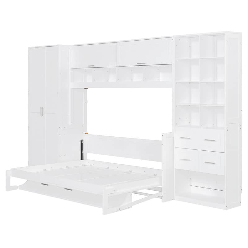 Full Size Murphy Bed Wall Bed with Closet , Drawers and Shelves, White