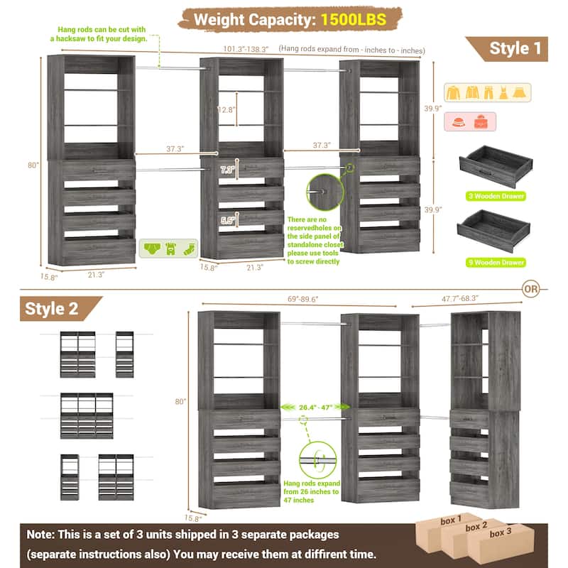 140'' Walk-in Closet Organizer System with 12 Drawers ＆ 4 Hanging Rods, 8.5-11.5FT Wooden Wardrobe Clothes Rack with 3 Towers