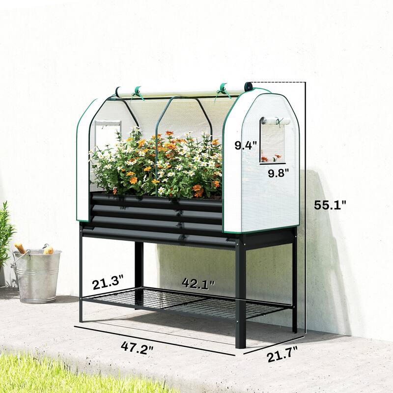 Outsunny Galvanised Raised Garden Bed with Greenhouse Cover, Metal Elevated Garden Bed with Legs, Bed Liner and Bottom Shelf