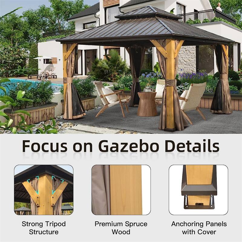 12'x12' Hardtop Cedar Wood Gazebo with Double Steel Roof, Bug Netting, and Privacy Curtains for Outdoor Use