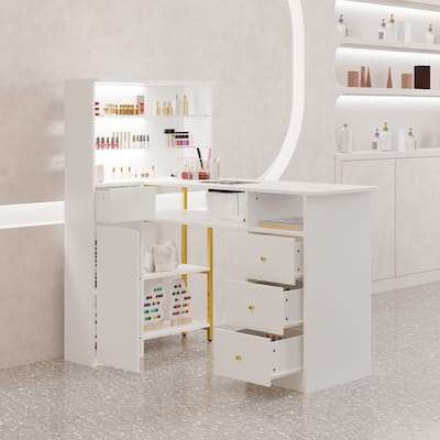 White Nail Desk with Dust Collector, Glass Shelf & Gold Handles – Manicure Station for Salon and Home