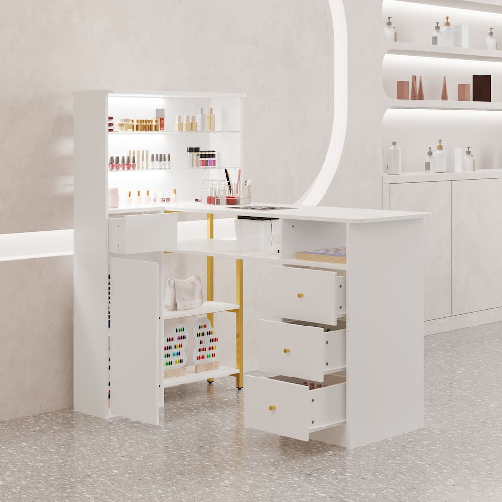 White Nail Desk with Dust Collector, Glass Shelf & Gold Handles – Manicure Station for Salon and Home