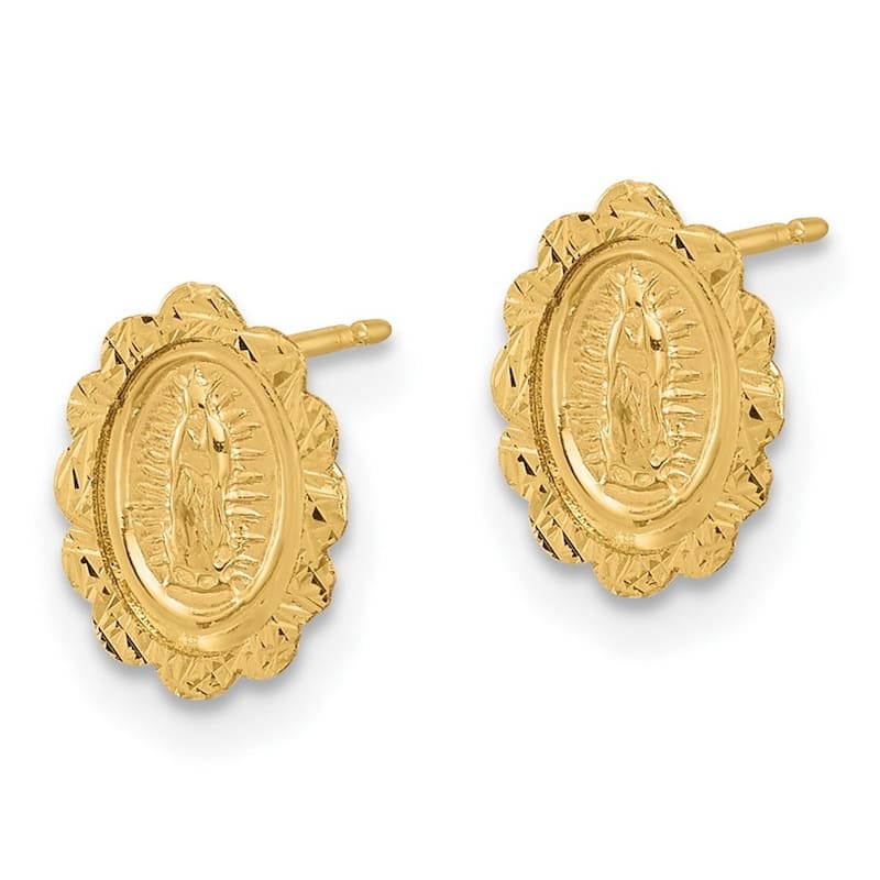 Curata 14k Yellow Gold Sparkle Cut Miraculous Medal Pendant Necklace Post Earrings - 9.3x7.5mm