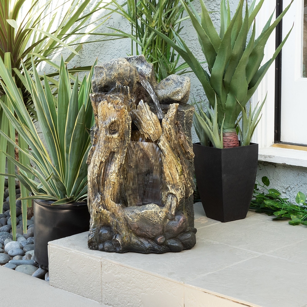 Alpine Corporation Outdoor Rainforest Tree Trunk and Stone Waterfall Fountain with LED Lights