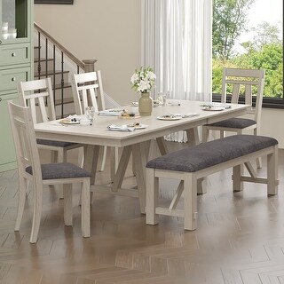 VECELO Dining Table Set with Bench, Solid Wood Rectangular Extendable ...