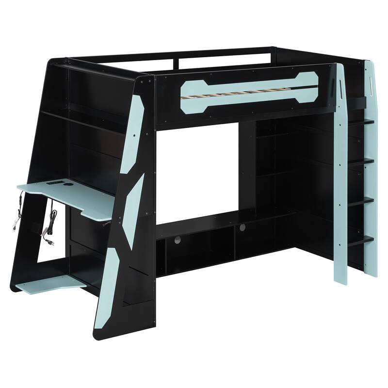 Esports Twin Loft Bed with Desk, Multi-storage Shelves and Light Strip