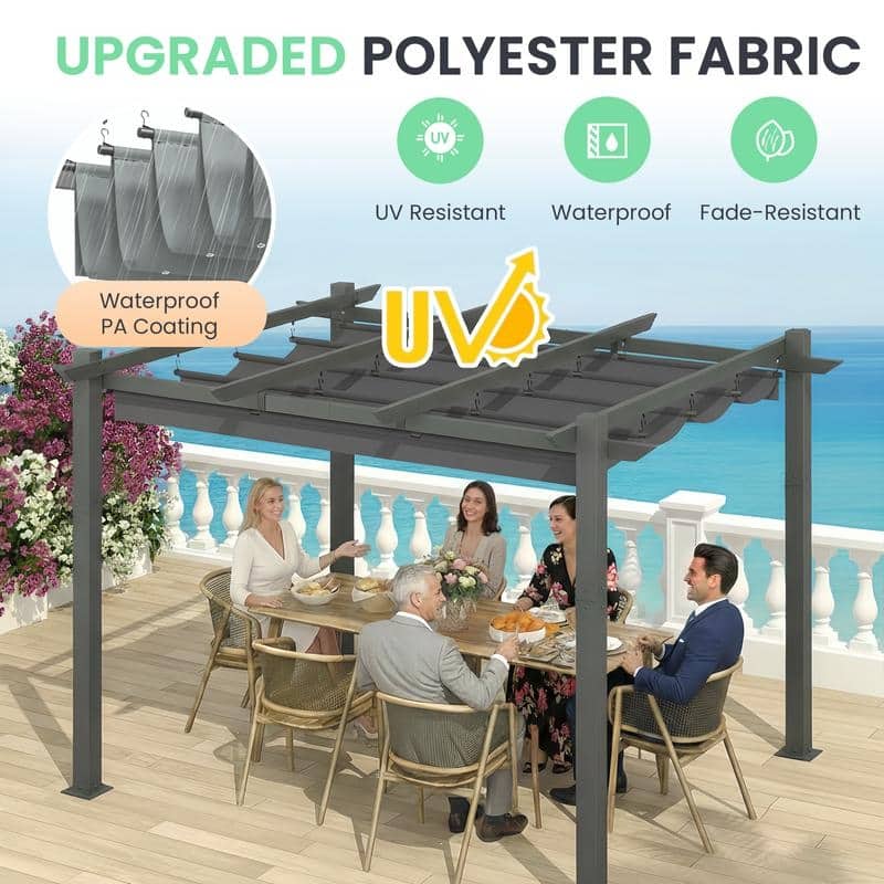 EROMMY 10' x 13' Outdoor Pergola with Retractable Canopy, Heavy-Duty Metal Frame and Adjustable Patio Shade Roof