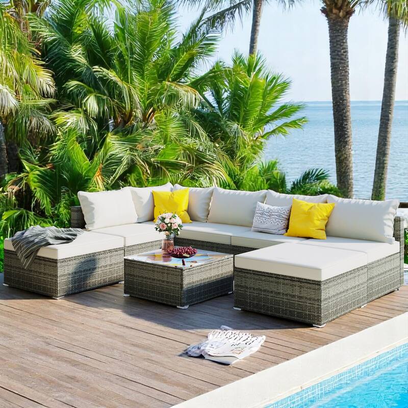 8-Piece Outdoor PE Wicker Patio Furniture Set, Modular Rattan Sectional Sofa with Ottomans for Garden, Backyard, or Poolside - Beige