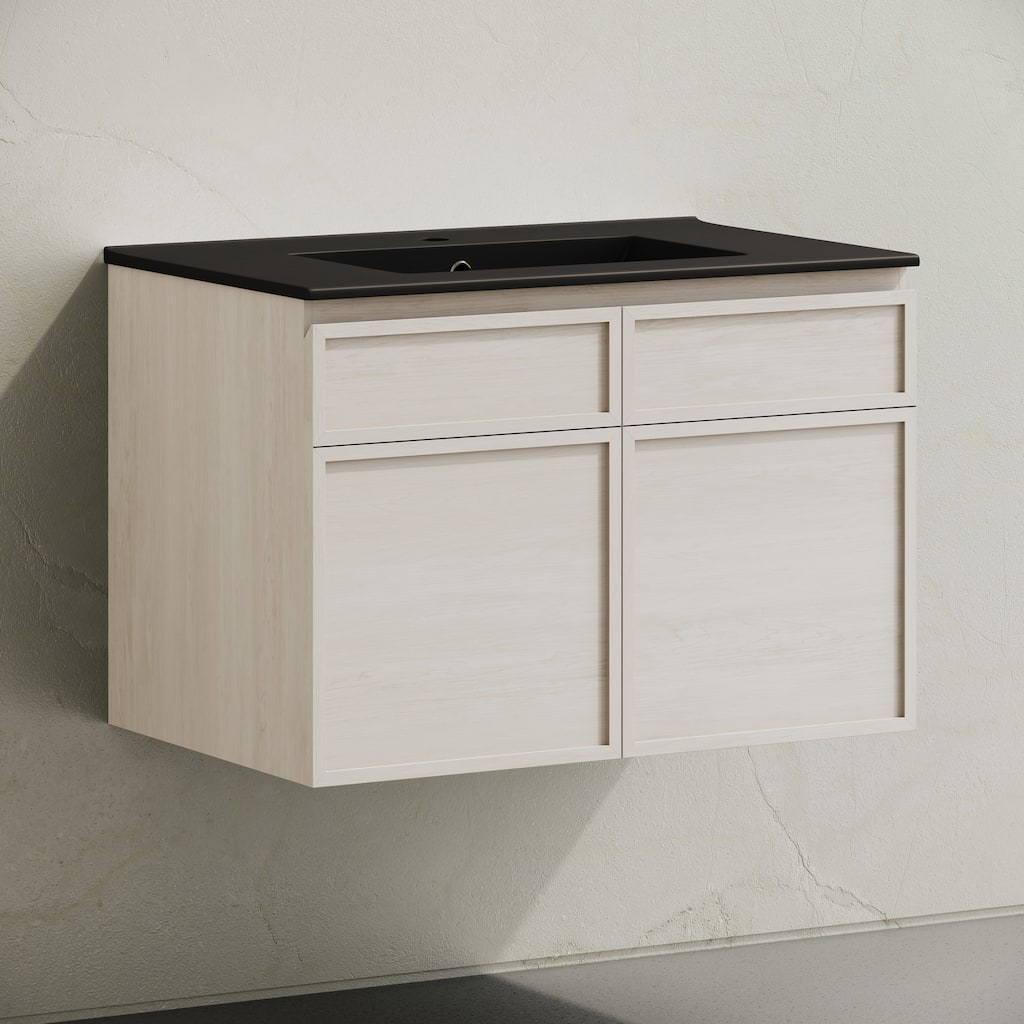 St. Tropez 30" Wall-Mounted Bathroom Vanity In White Oak With Black Sink Top - 30