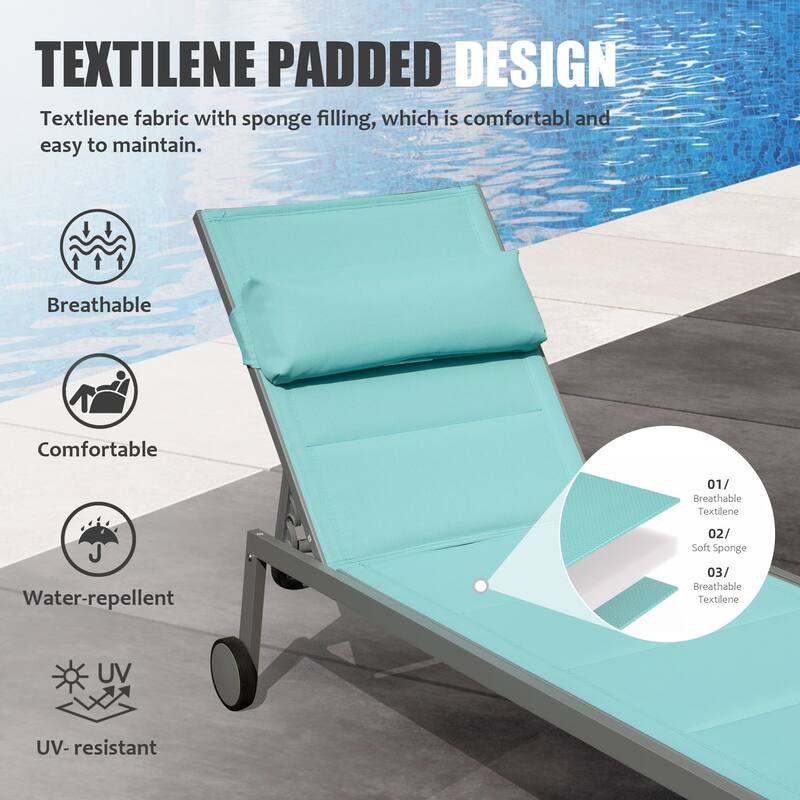 Outdoor Aluminum Patio Chaise Lounge Set of 3 with Side Table and Wheels, Padded Adjustable Recliner for Poolside, Beach