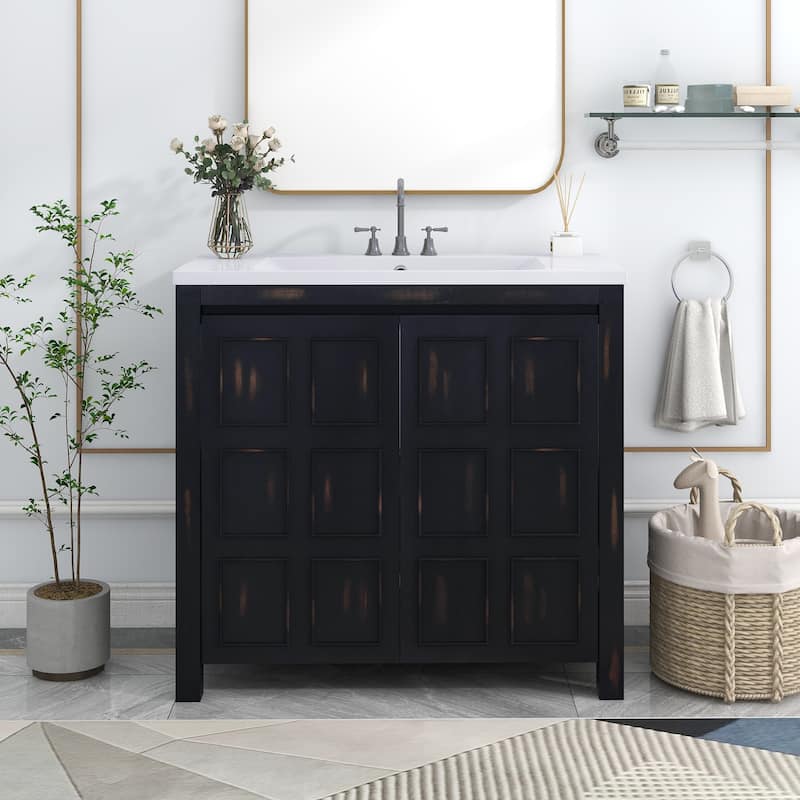GDFStudio - Elysia Wood & Ceramic Bathroom Vanity with Sink & Storage Cabinet Organizer