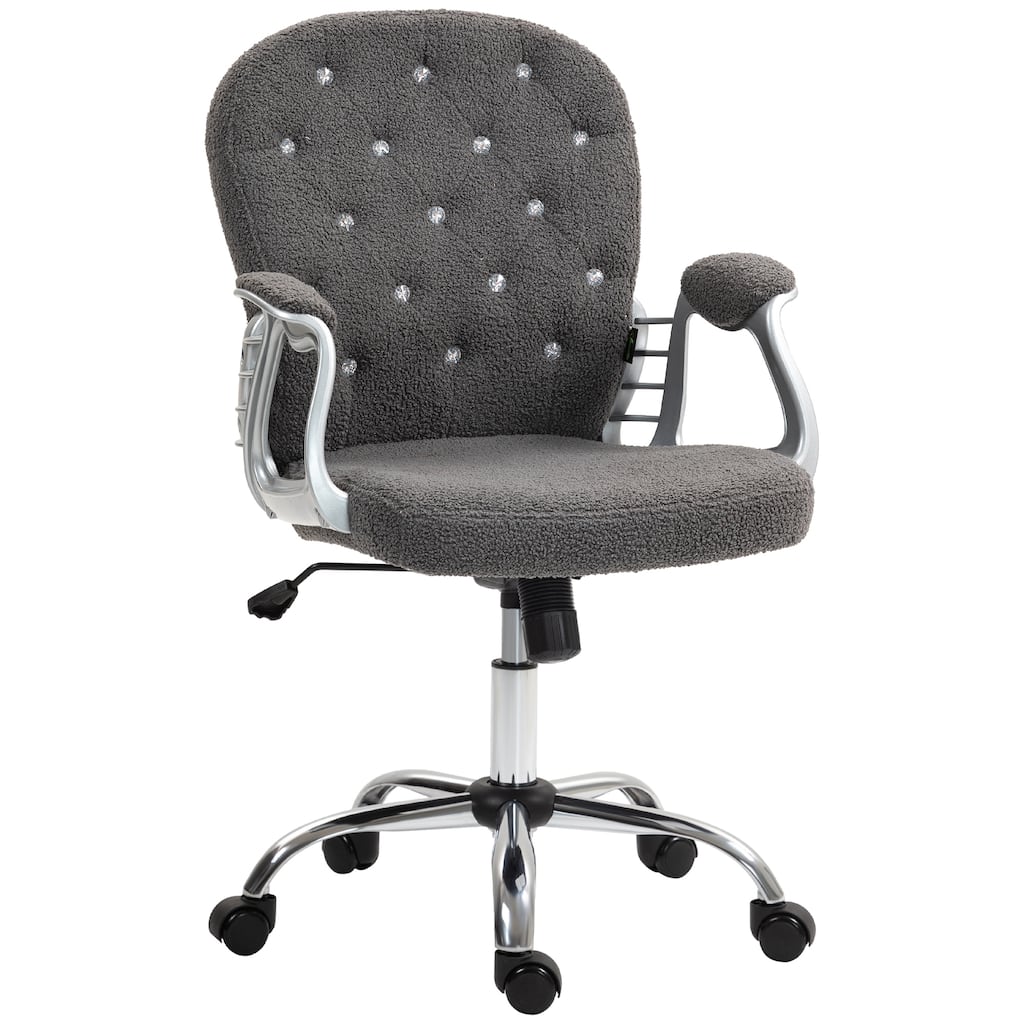 Teddy Fleece Home Office Chair, Button Tufted Desk Chair with Padded Armrests, Adjustable Height and Swivel Wheels, Dark Gray