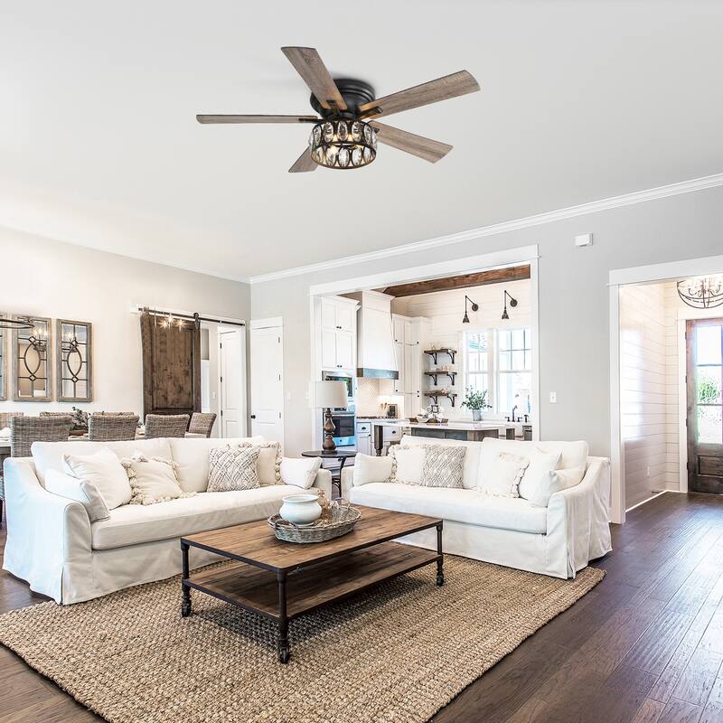 52" Flush Mount Ceiling Fan with Crystal Light Remote, 5-Blade Chandelier - 52 Inch