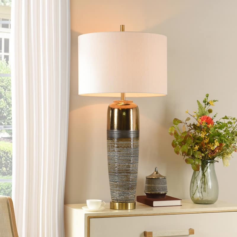 Morganton Ceramic White, Gray, and Gold Table Lamp - White Hardback Fabric Shade