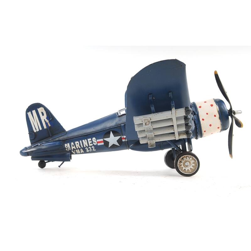 6" Blue Metal Airplane Hand Painted Decorative Airplane - 14 x 13 x 6