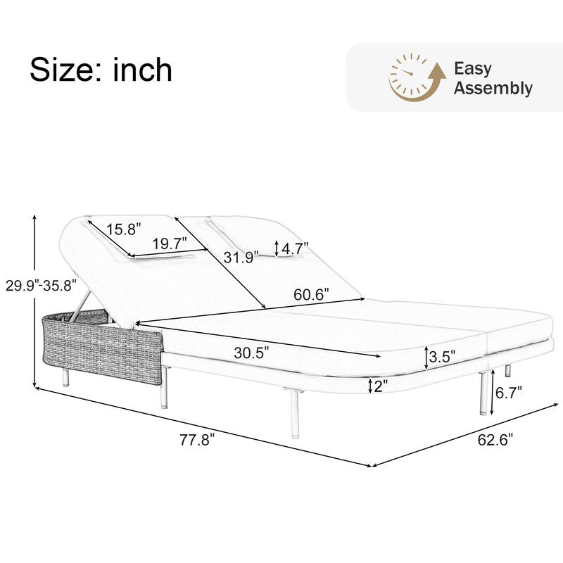 Outdoor Daybed, Patio Rattan Daybed, with 5-Position Adjustable Backrest and Removable Cushions & Pillows