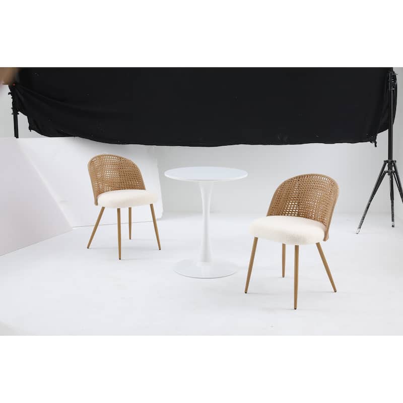 white round dining table with an elegant tulip-shaped steel base and a 24-inch medium-density fiberboard tabletop