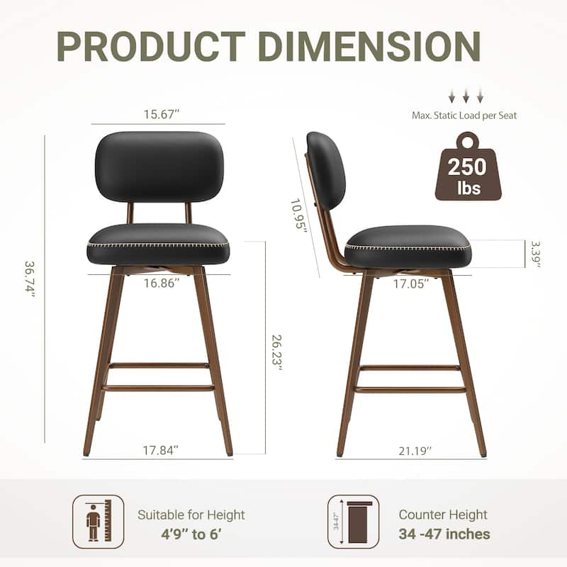 RENEWLINE Modern Swivel Bar Stools, 26 Inch Counter Stools(Ser of 2/3/4/6) with Backrest & Waterproof PU Leather