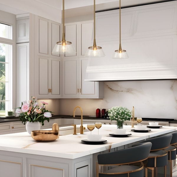 LALUZ Modern Gold 1-Light Seeded Glass Pendant Light for Kitchen