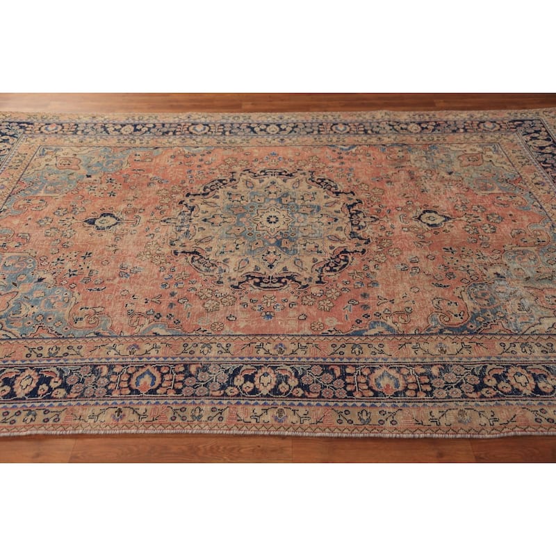 Medallion Pink Mashad Persian Vintage Area Rug Handmade Wool Carpet - 6'5" x 9'4"