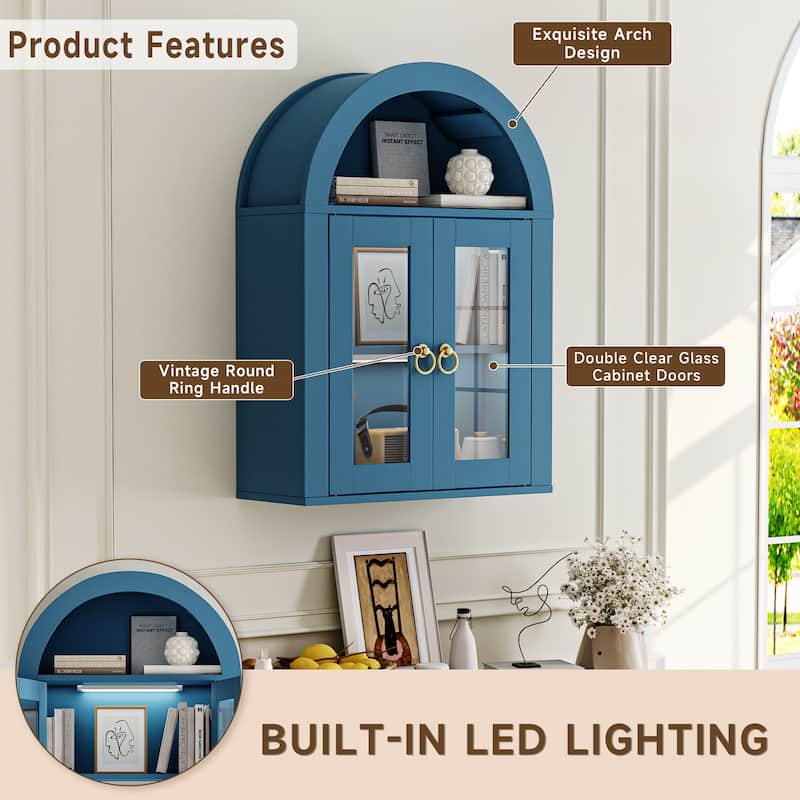 Wall Mounted Arched Cabinet with Glass Doors, Light and Adjustable Shelves for Laundry Room, Bathroom, Kitchen