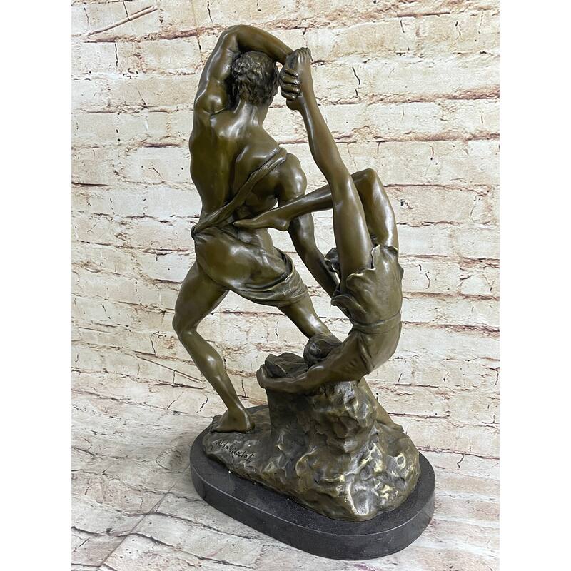 Hercules Lichas Wrestling Bronze Sculpture Statue On Marble Base Greek Mythology