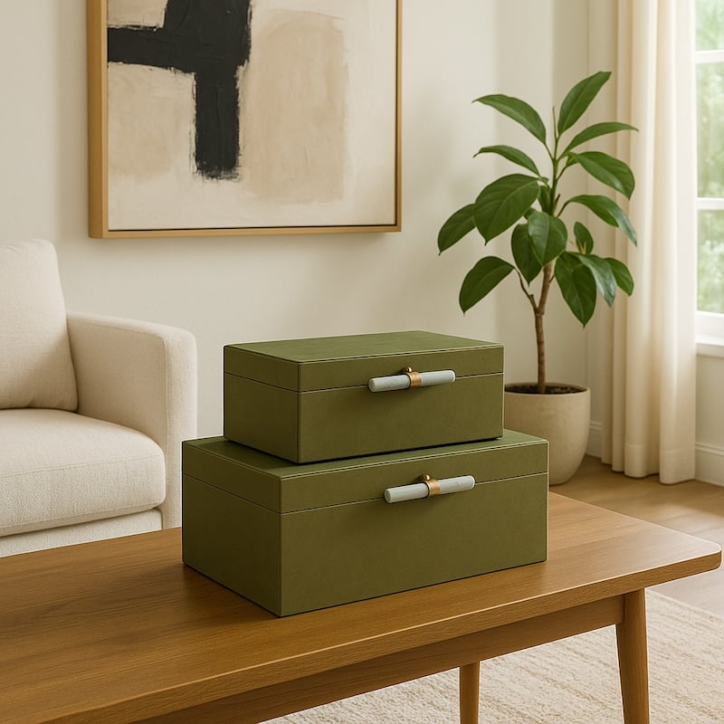 Decorative Rectangular Suede Box with Lid for Home Decor - Set of 2, 14", Green - 14" x 8" x 6" - Green - 14" x 8" x 6"
