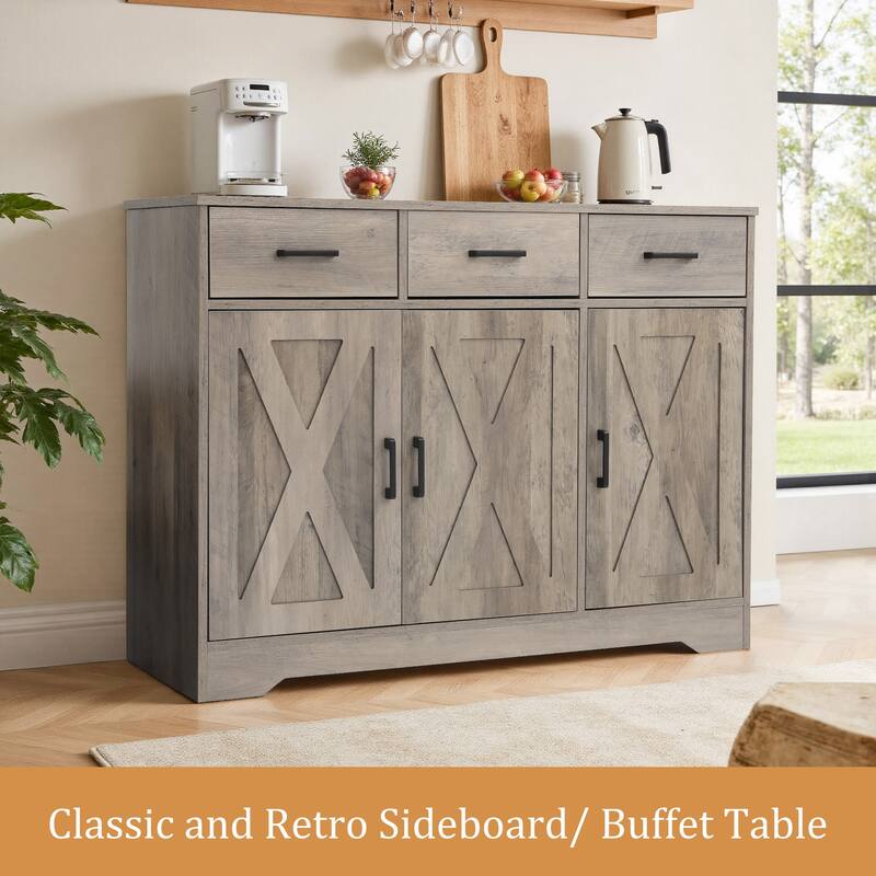 Barn Door Buffets Storage Cabinet Sideboards with 3 Drawers