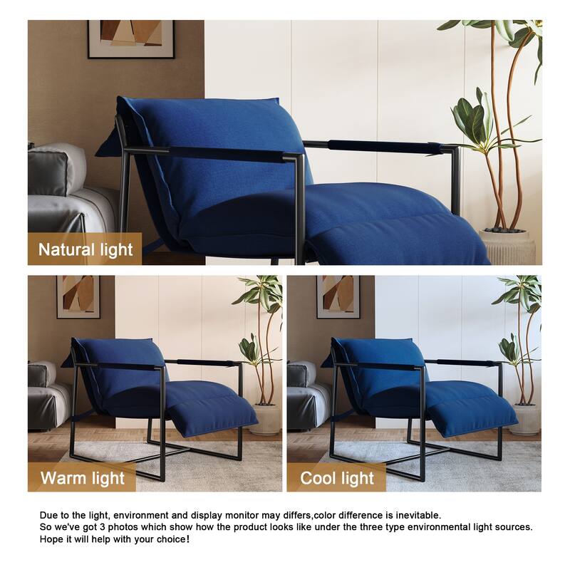 Mid-century Metal Sling Upholstered Armchair with Lengthen Upholstered