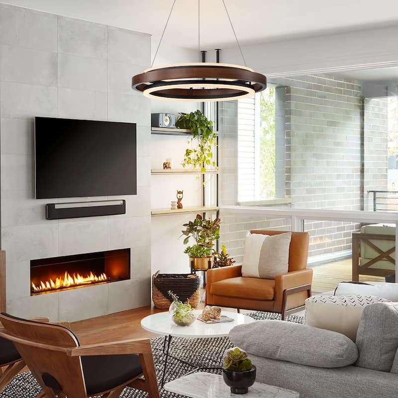 Modern 24" Walnut LED Wood Chandelier Ring Chandelier for Living Room Foyer