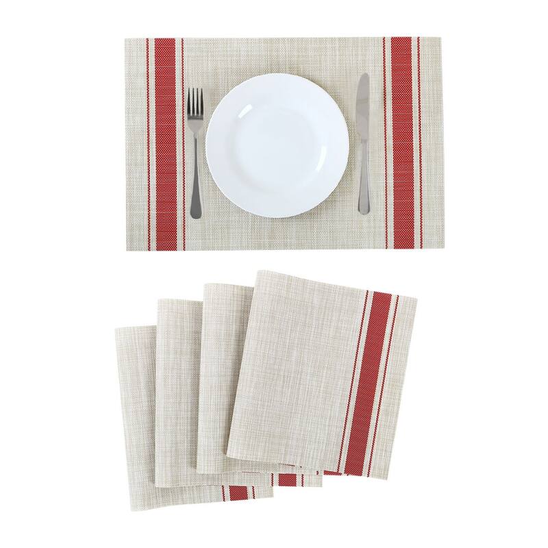 Woven Placemats Set of 6 Heat Resistant Place Mats Anti-slip PVC - Red+Beige