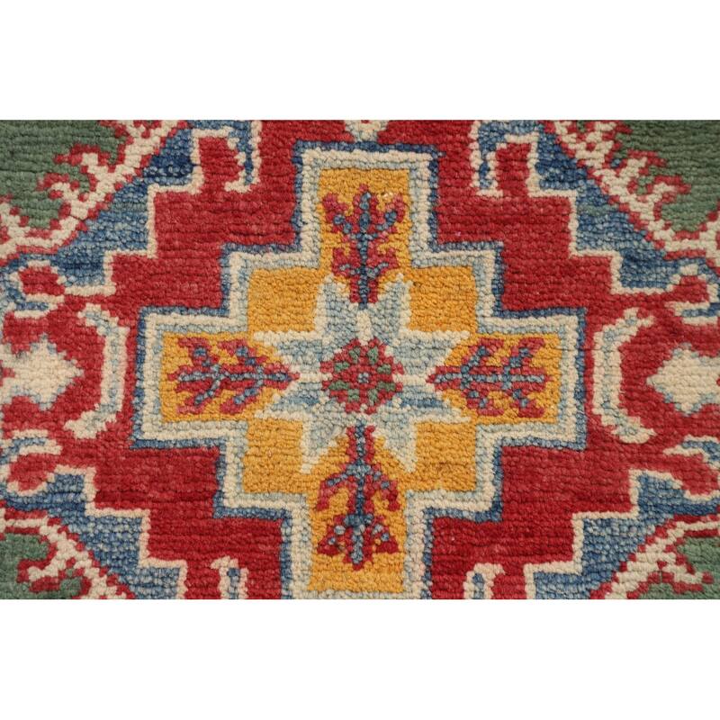 Green Geometric Kazak Accent Rug Hand-Knotted Wool Carpet - 2'9" x 3'11"