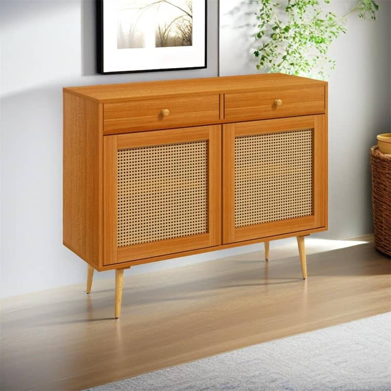 Rattan Doors Kitchen Cabinet with 2 Drawers and Adjustable Shelf - N/A - Light Brown
