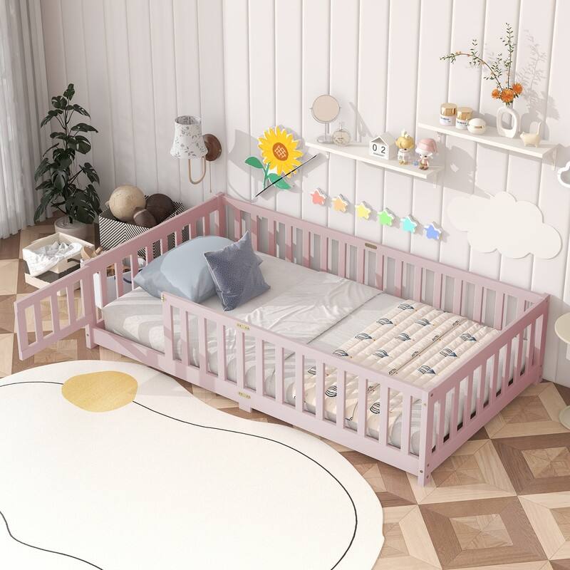 Twin Size Floor Bed with Fence and Door, Safety Guardrails