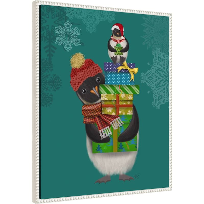 Christmas Penguin Gifts by Fab Funky (23 x 28 in.), Framed Canvas Wall Art Print - Sylvie Beaded White
