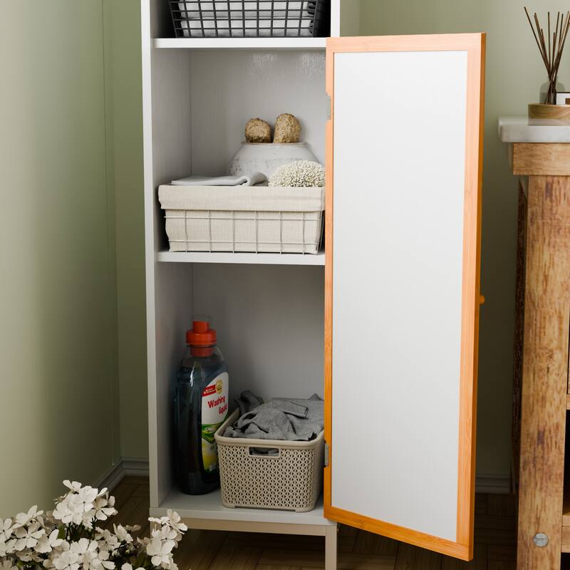 Anmytek Tall Bathroom Storage Cabinet with Bamboo Slatted Doors