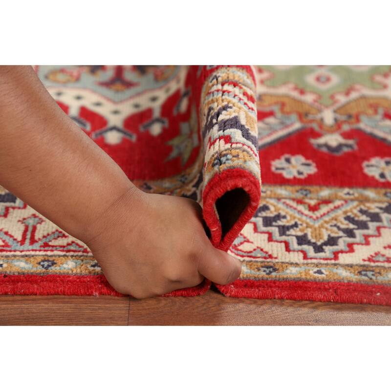 Geometric Kazak Runner Rug Handmade Red Wool Carpet - 2'11" x 9'8"