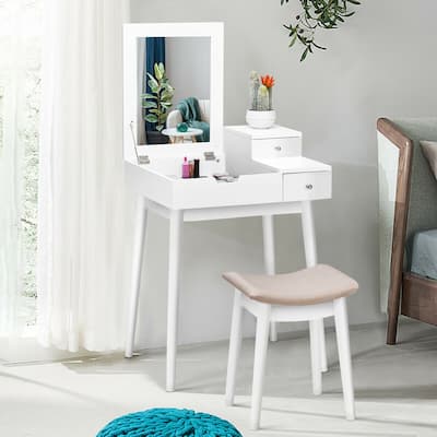 Costway Vanity Dressing Table Flip Desk Furniture Stool 2 White