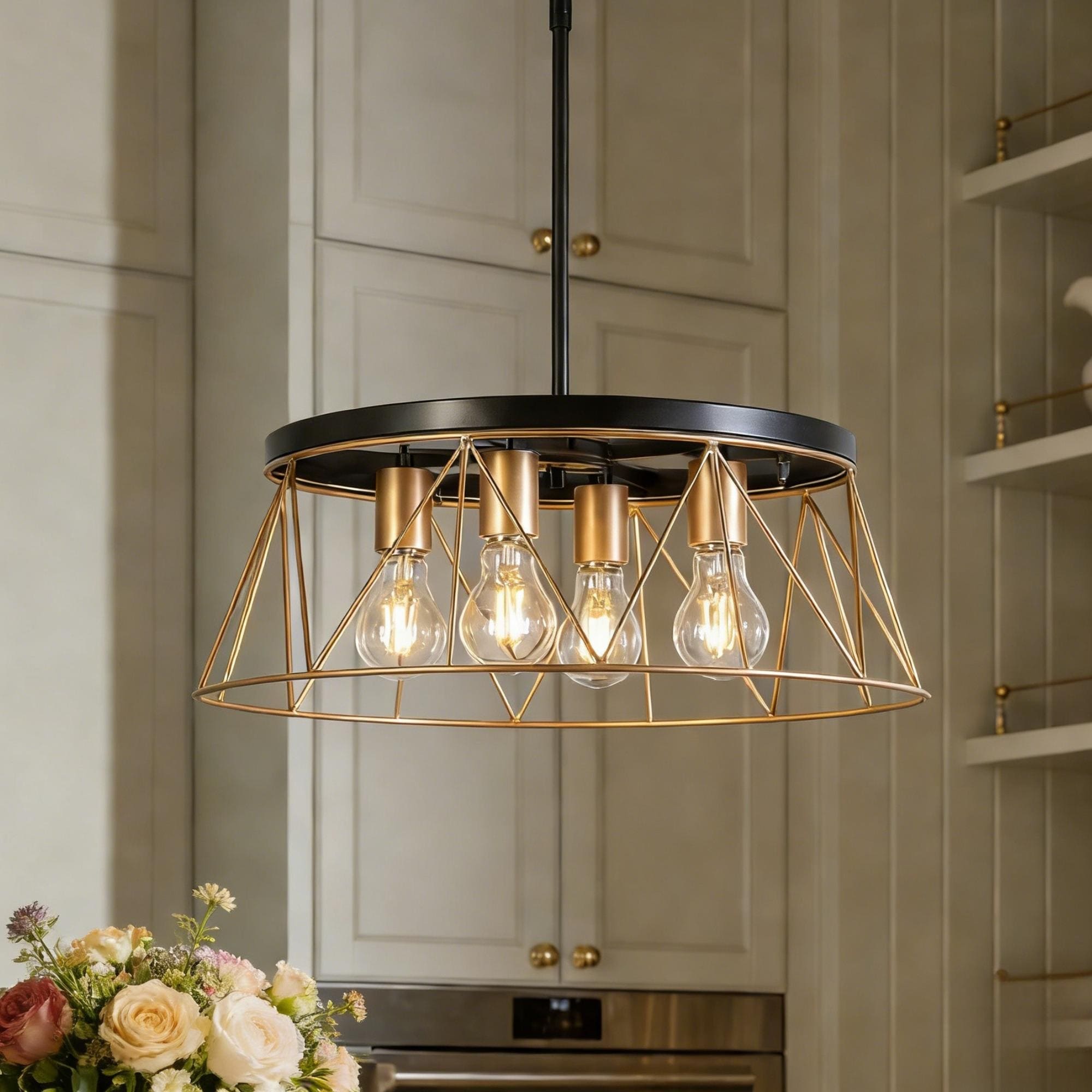 4-Light Modern Industrial Geometric Chandelier Black Gold Kitchen Island Light for Dining Room