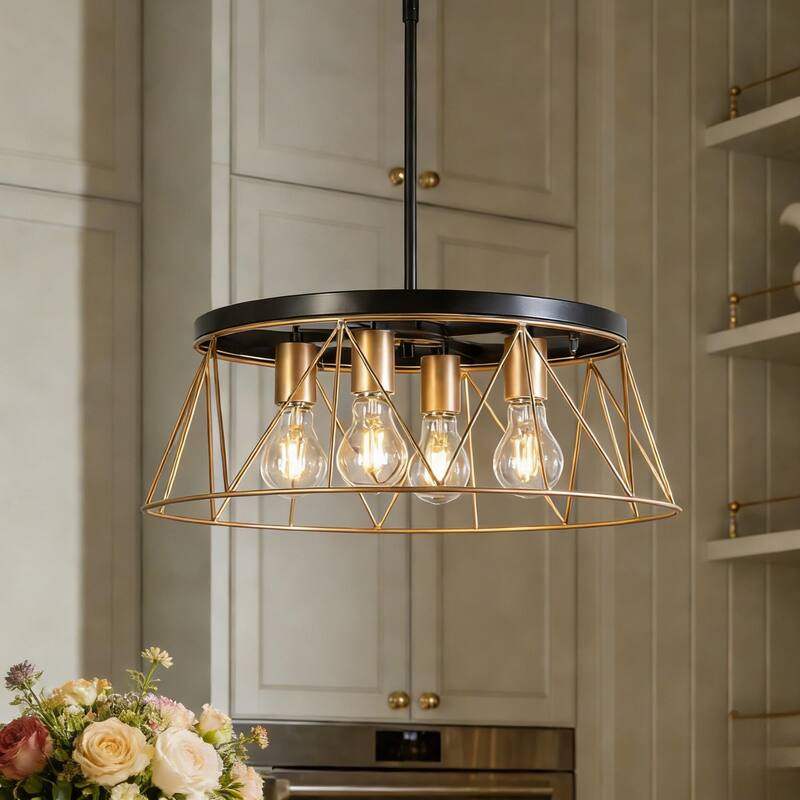 4-Light Modern Industrial Geometric Chandelier Black Gold Kitchen Island Light for Dining Room