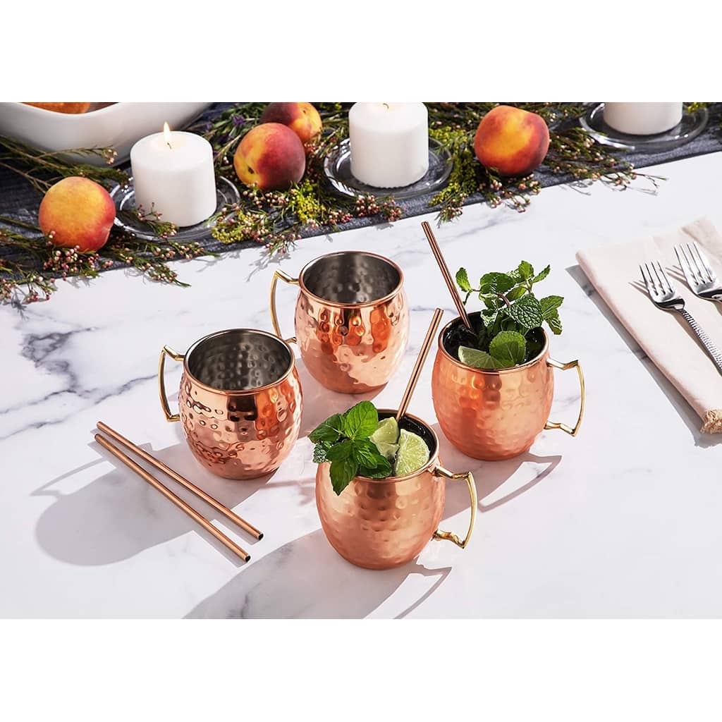 Moscow Mule Mugs Bar Accessories Drinking Cups 14 oz - 8 Pieces - 4 Cups & 4 Straws