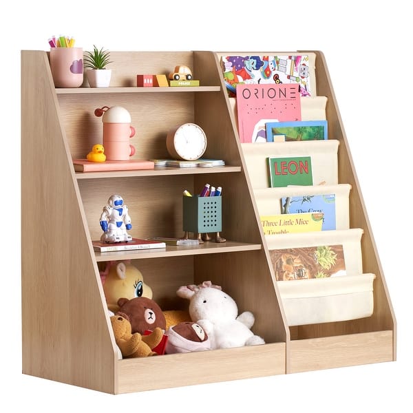 slide 2 of 7, 4-Tier Kids Wooden Bookshelf, Six-Layer Sling Bookcase, Kids Storage Book Rack, Book Toy Organizer Cabinet, for Kids Room 4-Tier