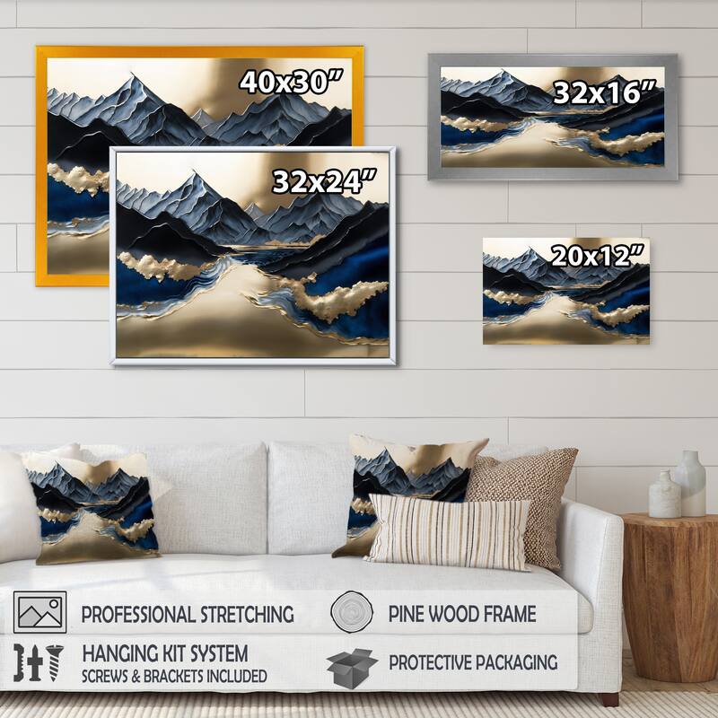 Designart "Golden Mountains And River" Landscape Mountains River Framed Wall Art Prints