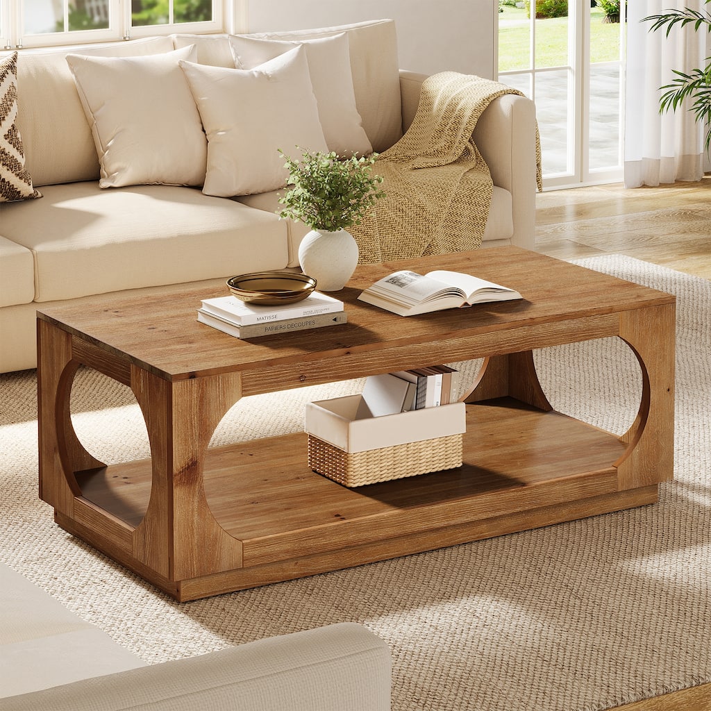 Solid Wood Coffee Table, 47.2" Farmhouse Center Tables with 2-tier Storage - 23.6"D x 47.2"W x 17.72"H