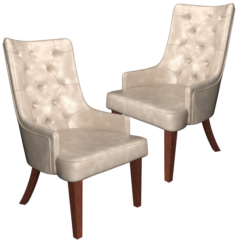 Dining Chair in Leather/Velvet Diamond-Tufted with Rubberwood Legs Set of 2 - Taupe