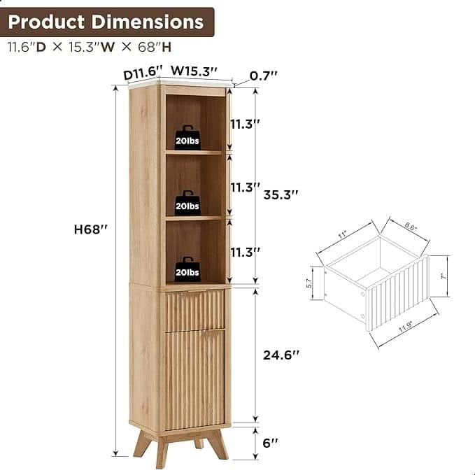 68" Tall Bathroom Narrow Storage Cabinet with Faux Marble Top