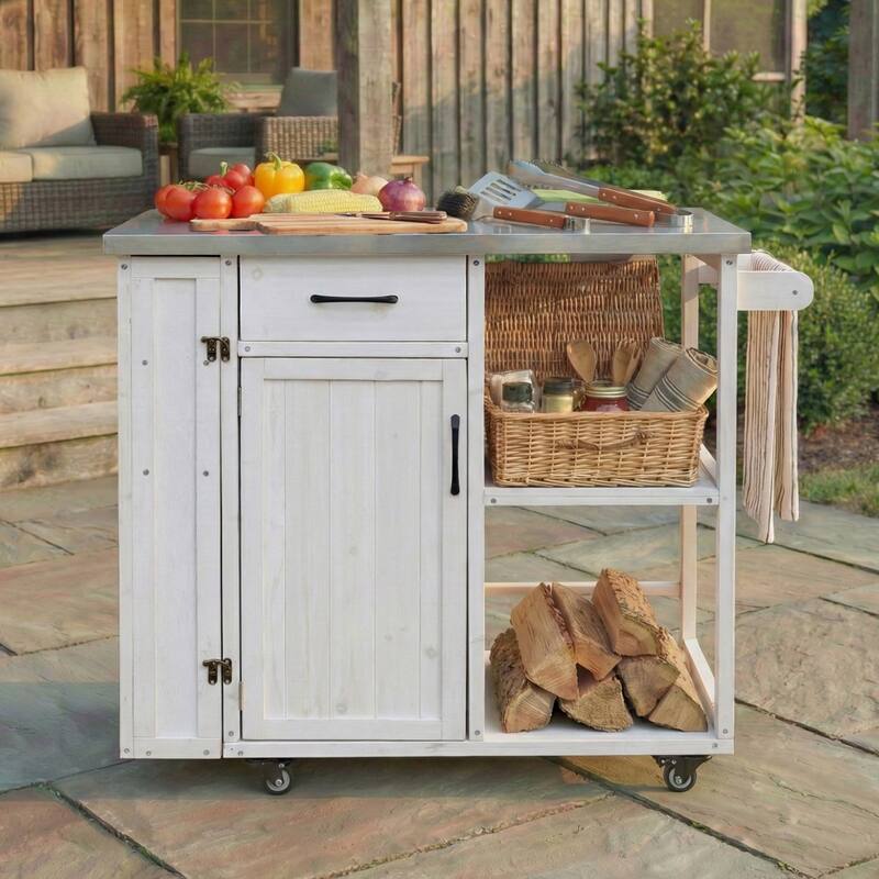 Outdoor Fir Wood Kitchen Island Prep Station with Stainless Top, Ample Storage Space, Towel and Spice Racks - White