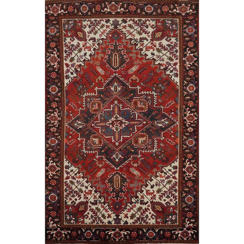 Hand Knotted Oriental 100% Wool Carpet Traditional Medallion Red Heriz Area Rug - 9' 10'' X 6' 7''