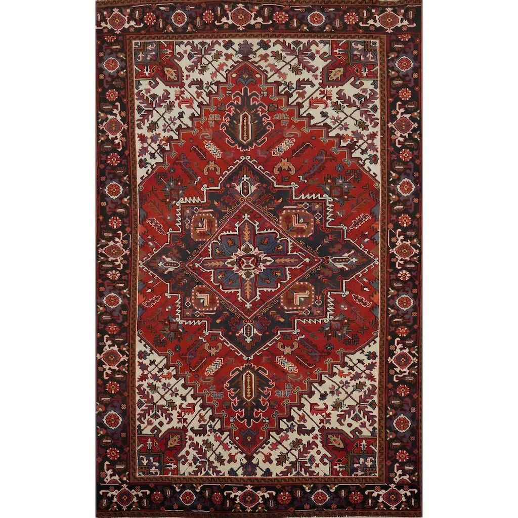 Hand Knotted Oriental 100% Wool Carpet Traditional Medallion Red Heriz Area Rug - 9' 10'' X 6' 7''