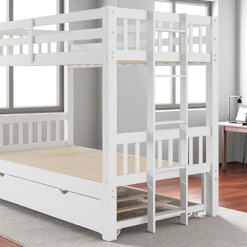 Twin Over Twin Pull-Out Bunk Bed with Trundle, Convertible 4 Beds, Solid Wood Frame with Guardrails and Ladder